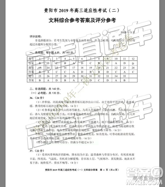 2019年貴陽二模文綜試題及參考答案