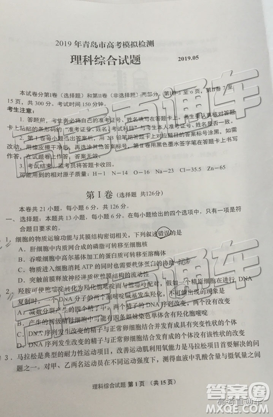 2019年青島二模理綜試題及參考答案
