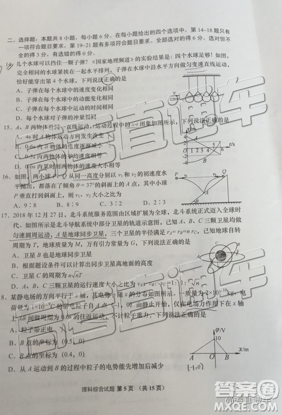 2019年青島二模理綜試題及參考答案