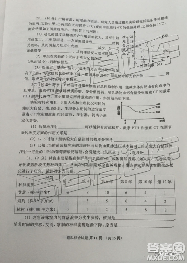 2019年青島二模理綜試題及參考答案