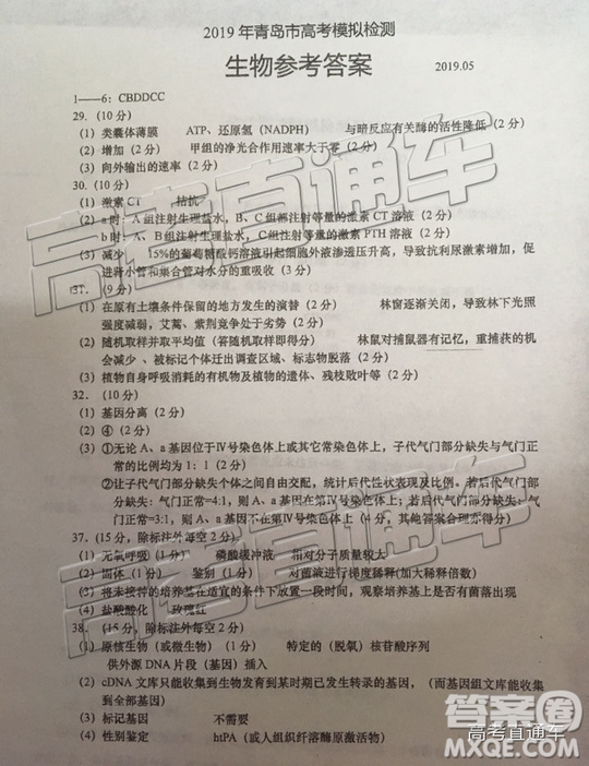2019年青島二模理綜試題及參考答案