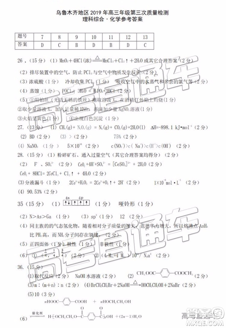2019年烏魯木齊三模文理綜試題及參考答案