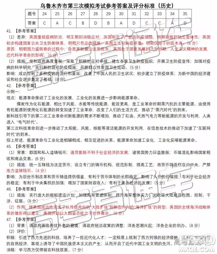 2019年烏魯木齊三模文理綜試題及參考答案