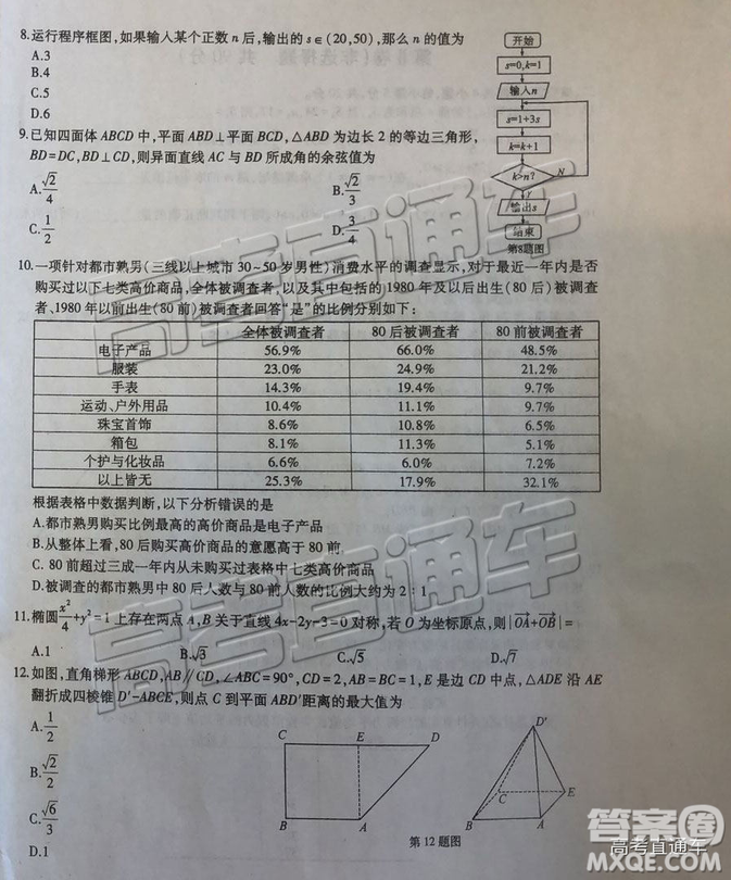 2019年東三省三校三模文理數(shù)試題及答案