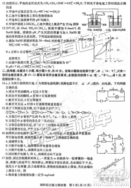 2019年東三省三校三模文理綜試題及參考答案