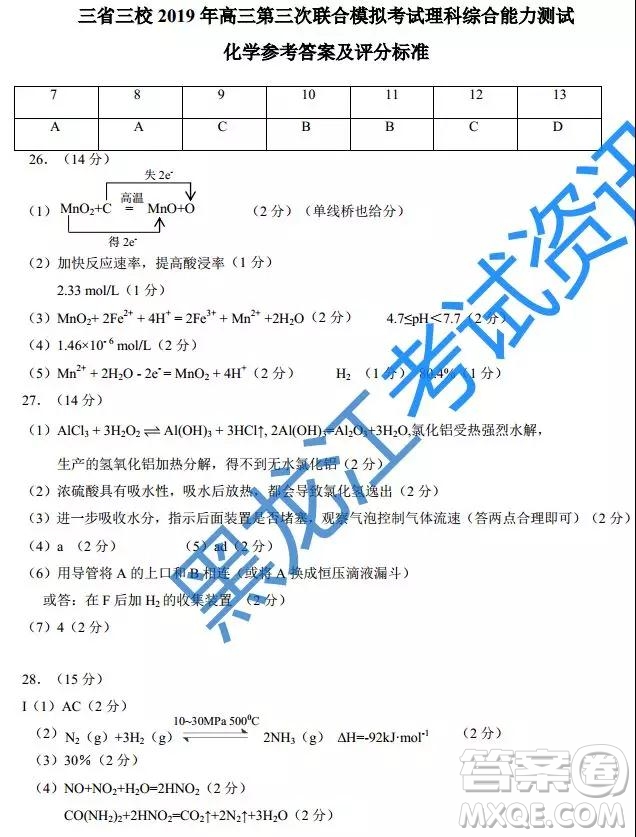 2019年東三省三校三模文理綜試題及參考答案