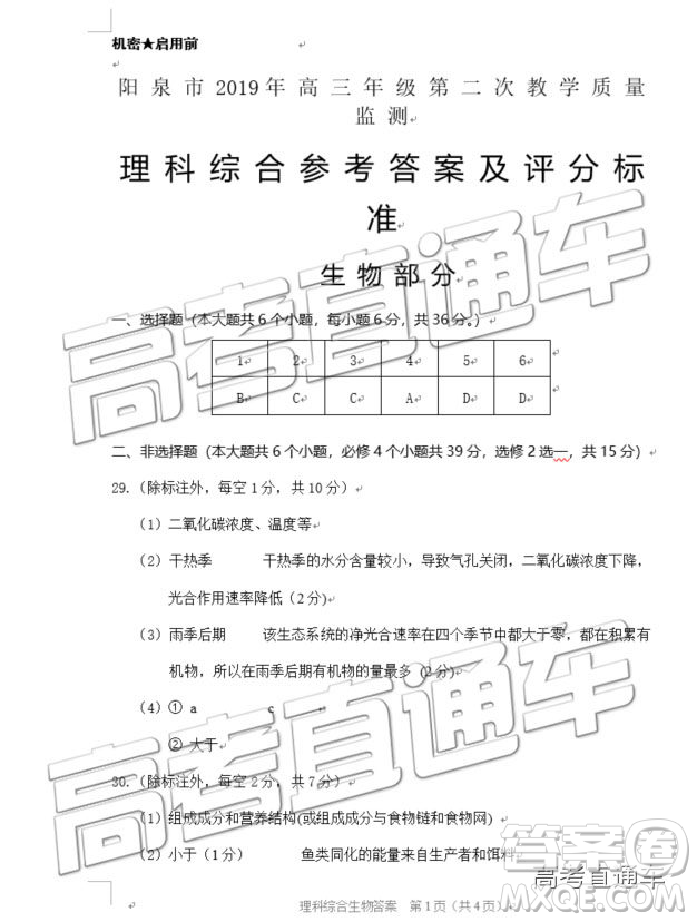 2019年泉陽二模文理綜參考答案