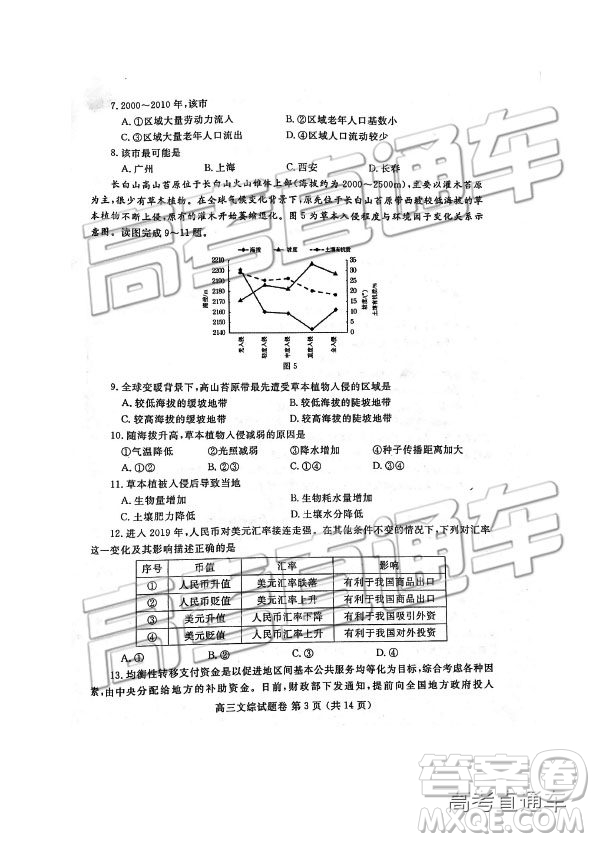 2019年河南高三第三次質(zhì)量預(yù)測(cè)文理綜試題及參考答案