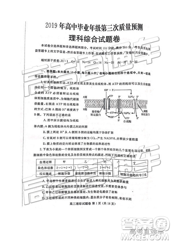 2019年河南高三第三次質(zhì)量預(yù)測(cè)文理綜試題及參考答案