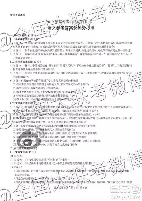 2019年山西三模語文參考答案