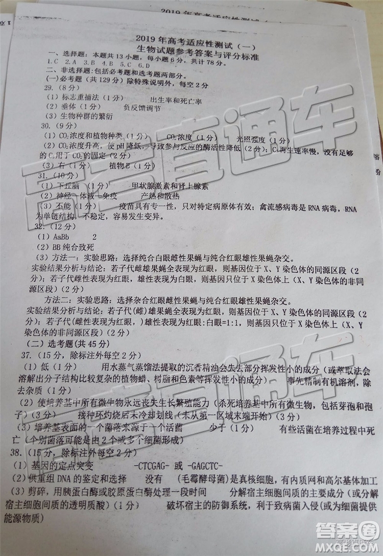 2019年菏澤煙臺二模文理綜試題及參考答案