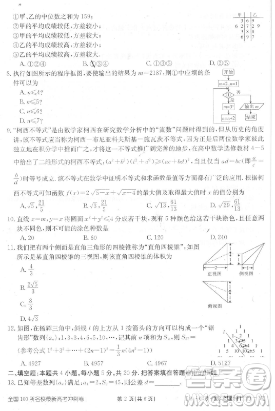2019年?全國100所名校最新高考沖刺卷三理數試題答案
