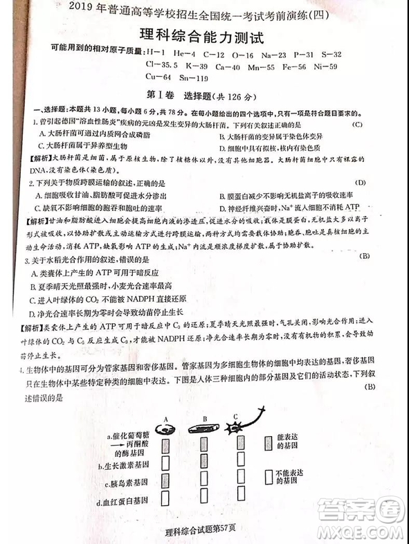 2019年普通高等學(xué)校招生全國(guó)統(tǒng)一考試考前演練四文理綜試題及答案