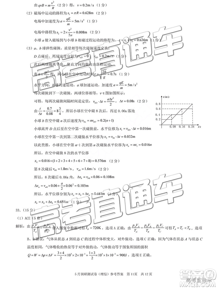 2019年重慶三診文理綜試題及答案參考答案