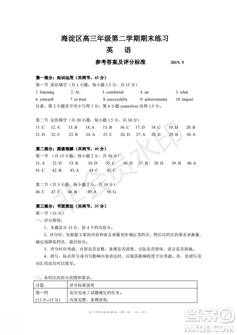 北京市2019年海淀區(qū)高三二模英語試卷及答案