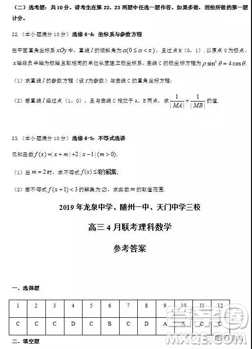 2019年龍泉中學(xué)、隨州一中、天門中學(xué)三校高三4月聯(lián)考理數(shù)答案
