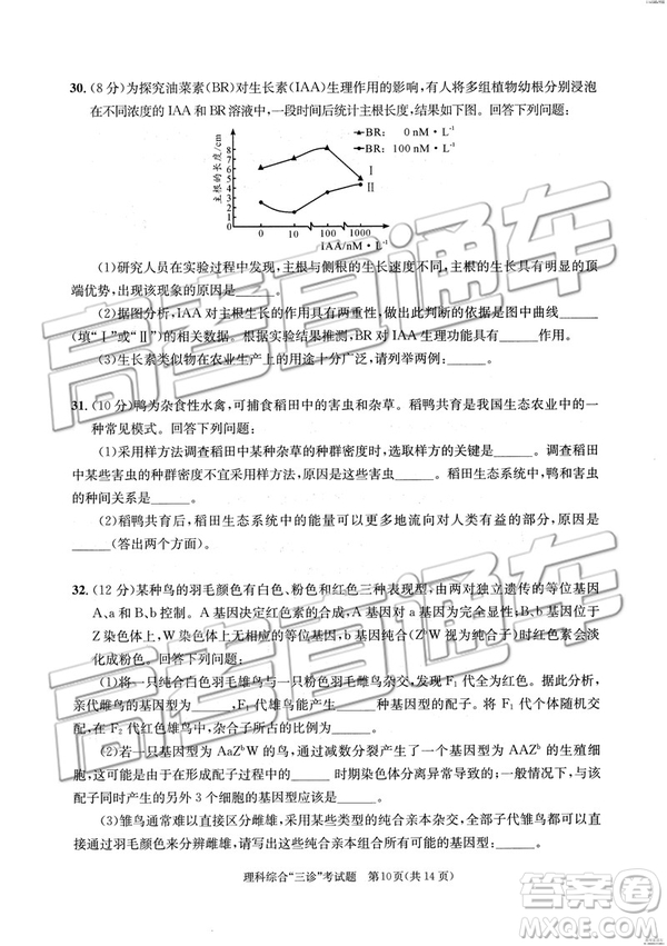 2019年成都三診文理綜參考答案