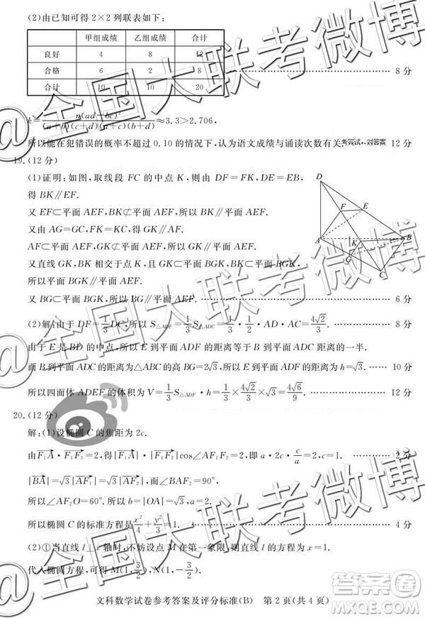 2019年5月普通高等學(xué)校招生全國統(tǒng)一模擬考試A卷B卷文數(shù)參考答案
