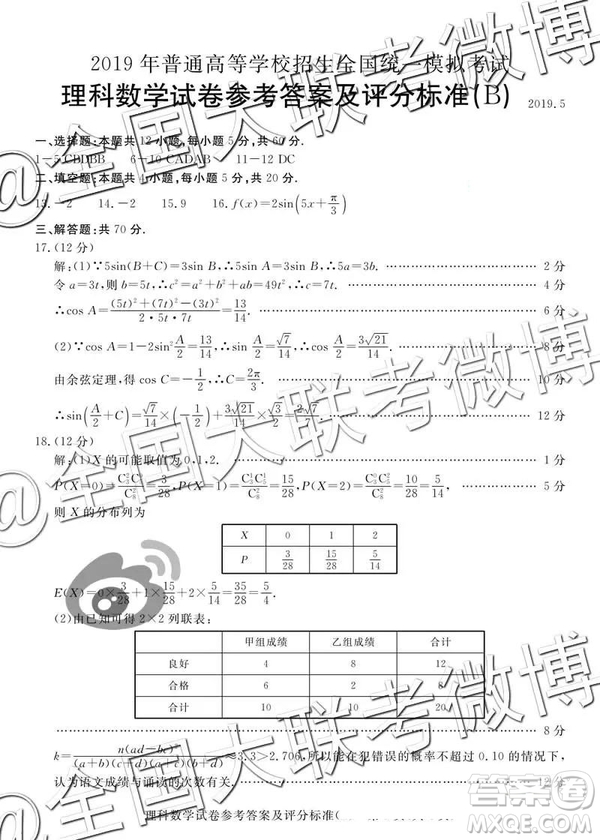 2019年5月普通高等學(xué)校招生全國(guó)統(tǒng)一模擬考試A卷B卷理數(shù)參考答案