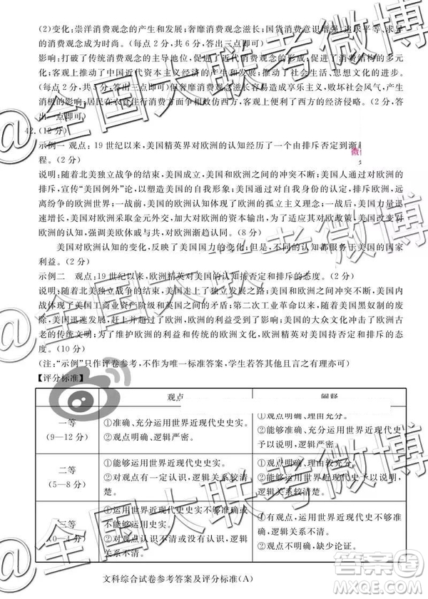 2019年5月普通高等學(xué)校招生全國統(tǒng)一模擬考試A卷B卷文綜參考答案