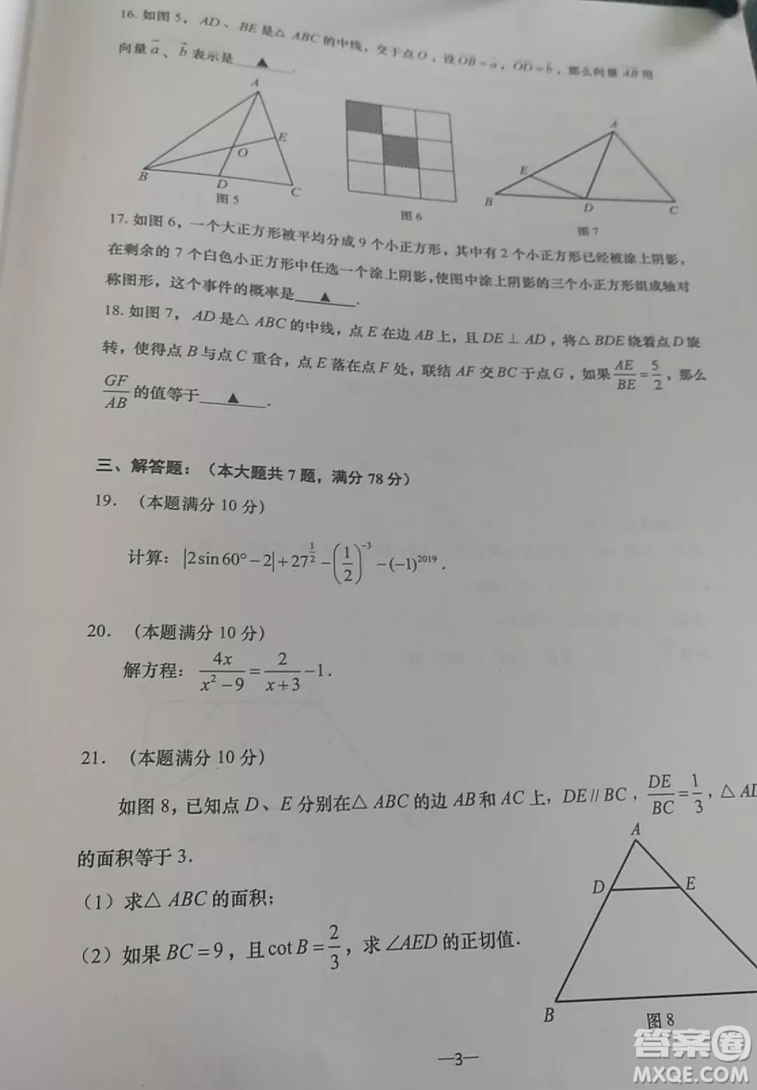 上海市2019年普陀區(qū)初三二模數(shù)學(xué)試題及參考答案