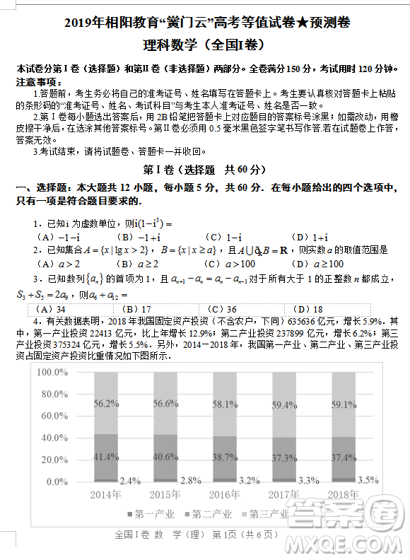 2019年相陽(yáng)教育黌門云高考等值試卷預(yù)測(cè)卷全國(guó)Ⅰ卷文理數(shù)試題及答案