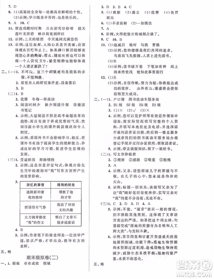小兒郎2019年53全優(yōu)卷小學(xué)語文六年級(jí)下冊RJ人教部編版參考答案