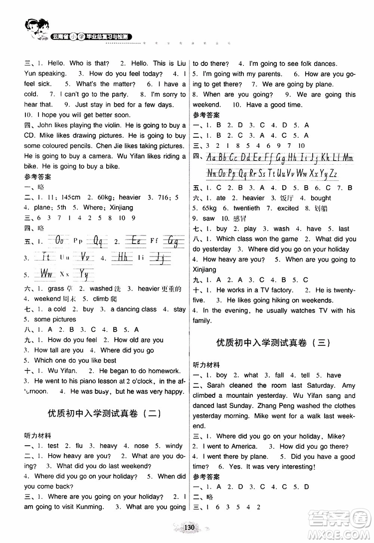 晨光全優(yōu)2019年云南省小學(xué)畢業(yè)總復(fù)習(xí)與檢測英語人教版PEP參考答案
