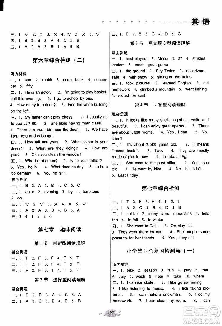 晨光全優(yōu)2019年云南省小學(xué)畢業(yè)總復(fù)習(xí)與檢測英語人教版PEP參考答案