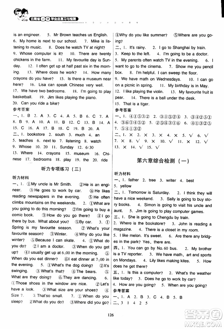晨光全優(yōu)2019年云南省小學(xué)畢業(yè)總復(fù)習(xí)與檢測英語人教版PEP參考答案