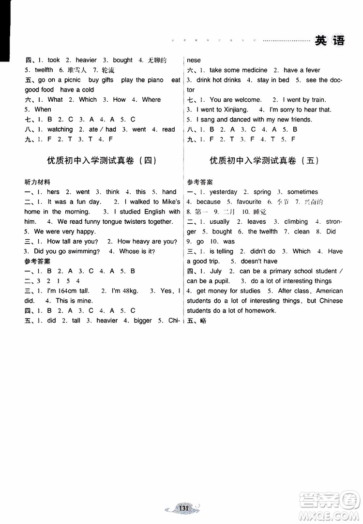 晨光全優(yōu)2019年云南省小學(xué)畢業(yè)總復(fù)習(xí)與檢測英語人教版PEP參考答案