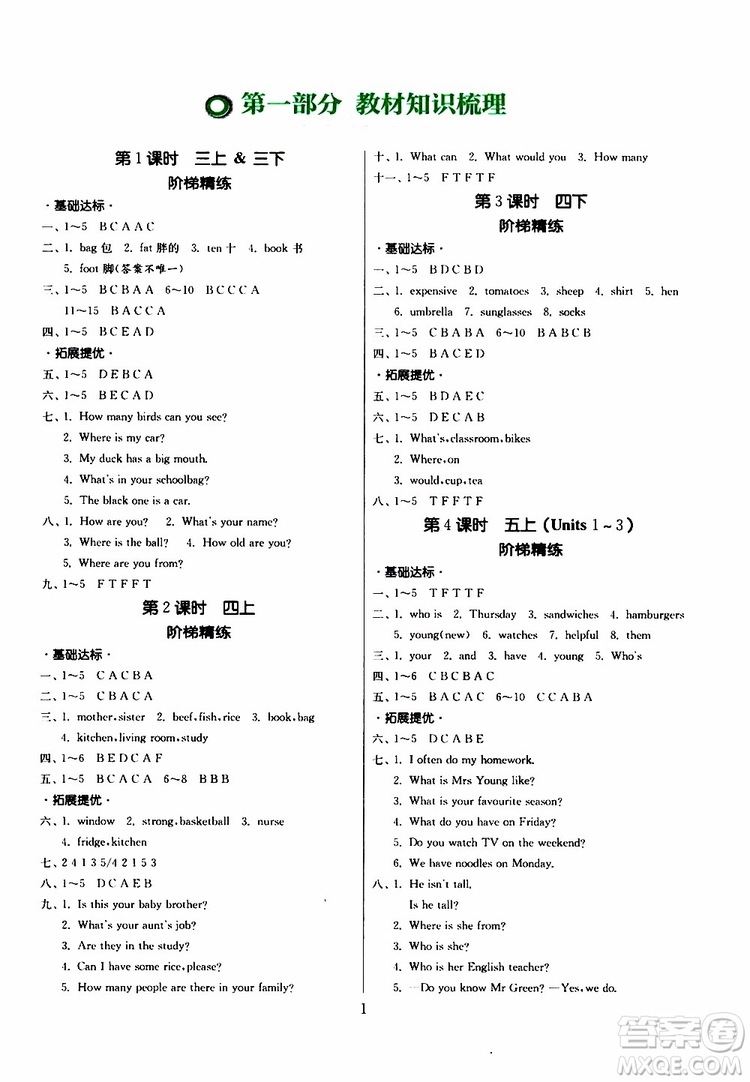 春雨教育2019版實(shí)驗班小學(xué)畢業(yè)總復(fù)習(xí)英語人教版RJPEP參考答案