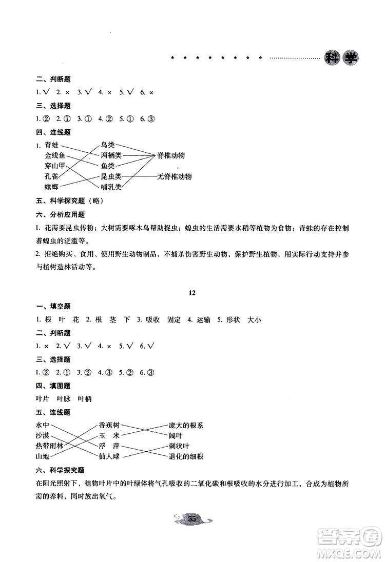 晨光全優(yōu)2019年云南省小學(xué)畢業(yè)總復(fù)習(xí)與檢測(cè)科學(xué)參考答案