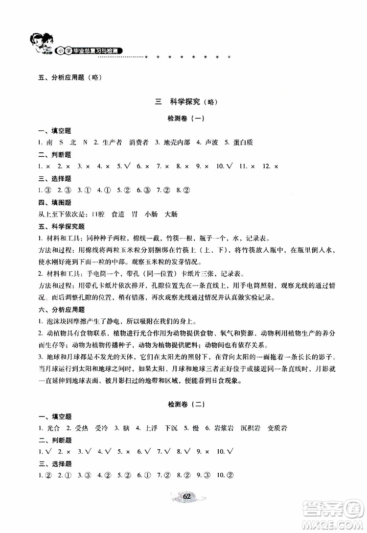 晨光全優(yōu)2019年云南省小學(xué)畢業(yè)總復(fù)習(xí)與檢測(cè)科學(xué)參考答案