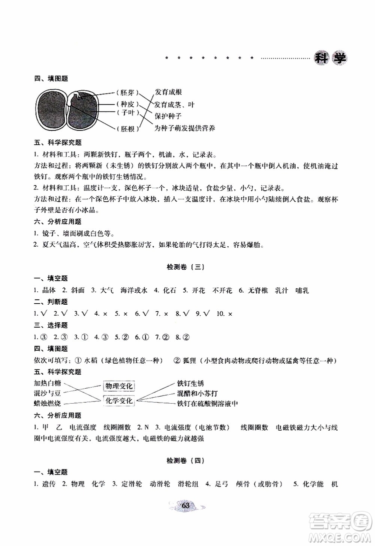 晨光全優(yōu)2019年云南省小學(xué)畢業(yè)總復(fù)習(xí)與檢測(cè)科學(xué)參考答案