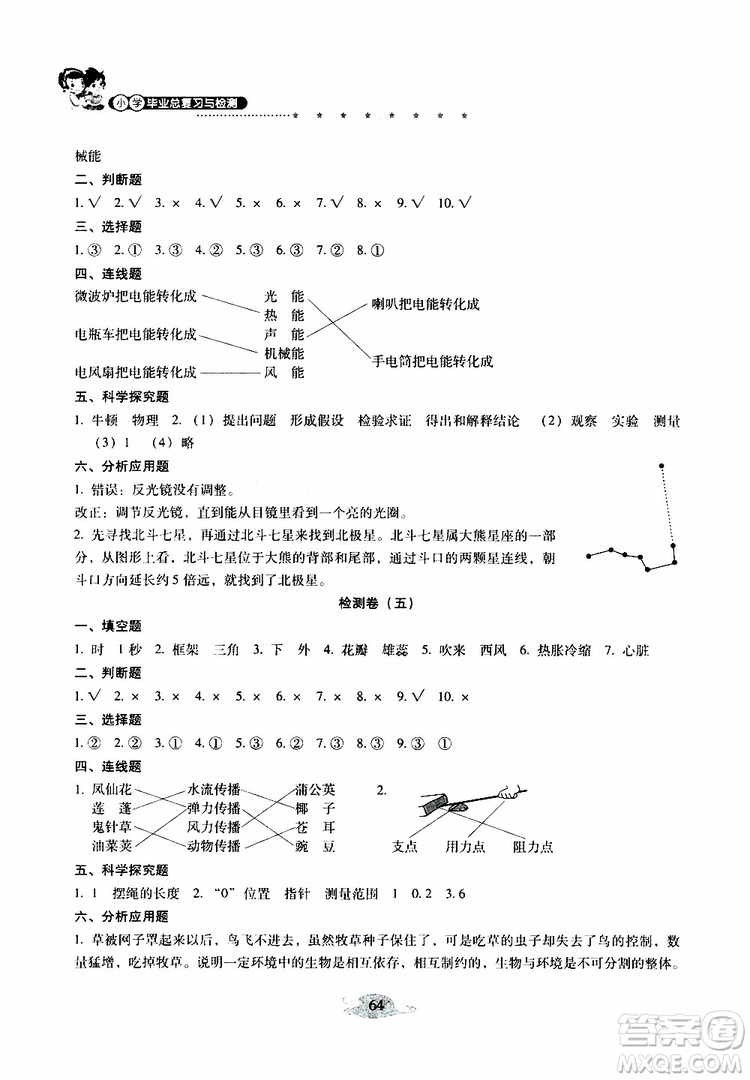 晨光全優(yōu)2019年云南省小學(xué)畢業(yè)總復(fù)習(xí)與檢測(cè)科學(xué)參考答案