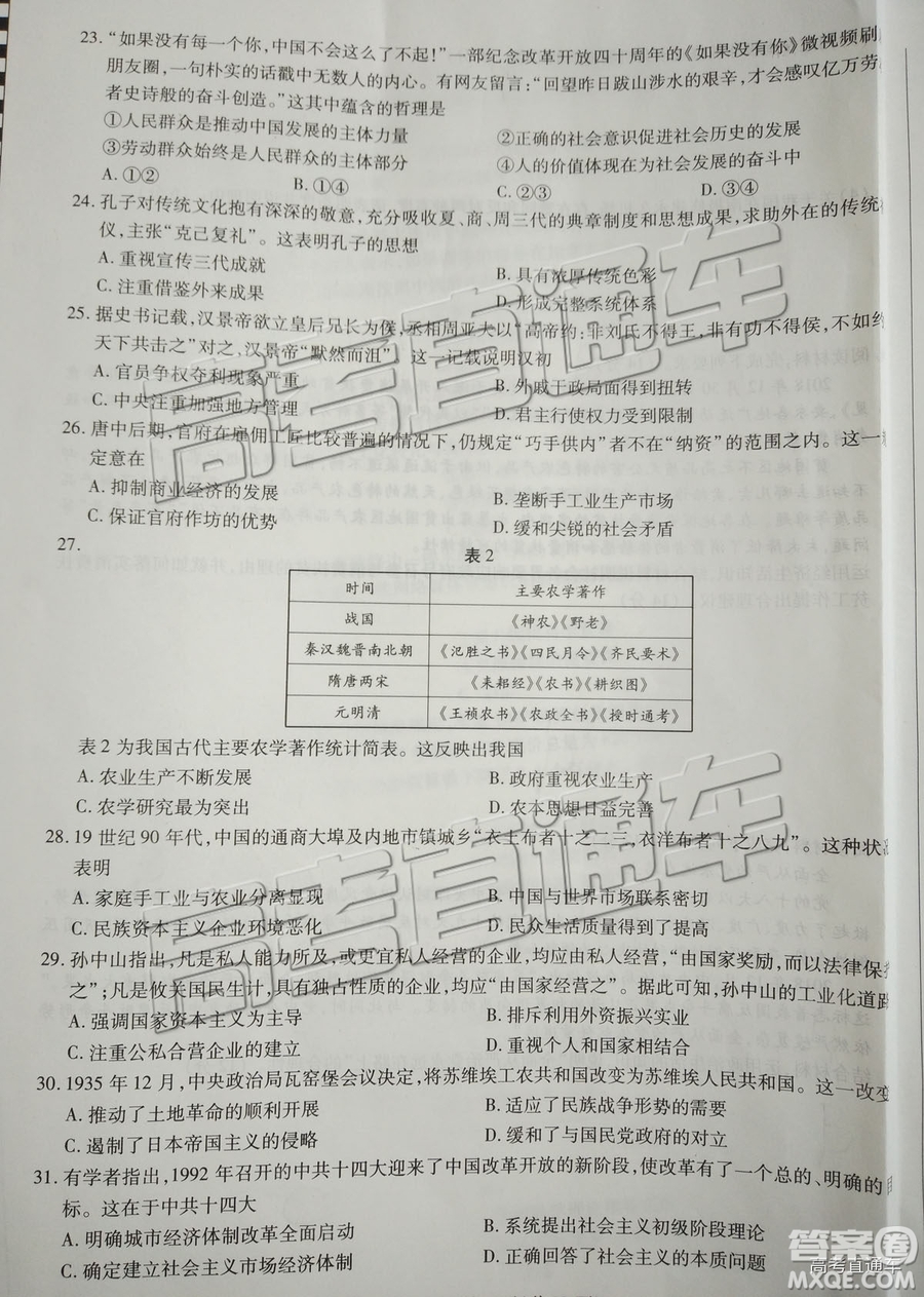 2019年福州三檢文綜試題及參考答案