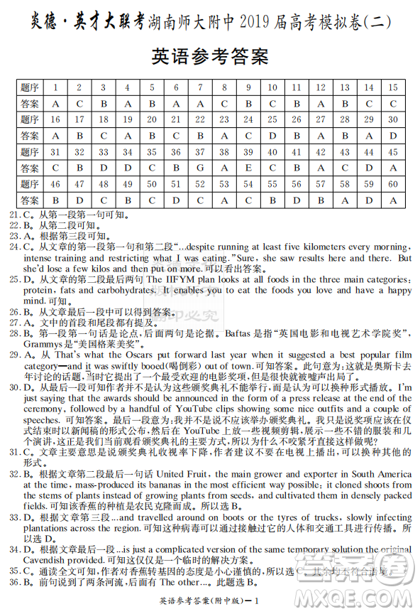 2019年炎德英才大聯(lián)考湖南師大附中高考模擬卷二英語試卷及答案