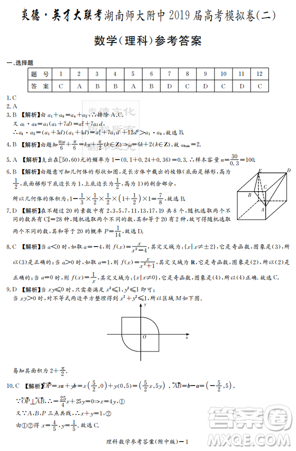 2019年炎德英才大聯(lián)考湖南師大附中高考模擬卷二文理數(shù)試卷及答案