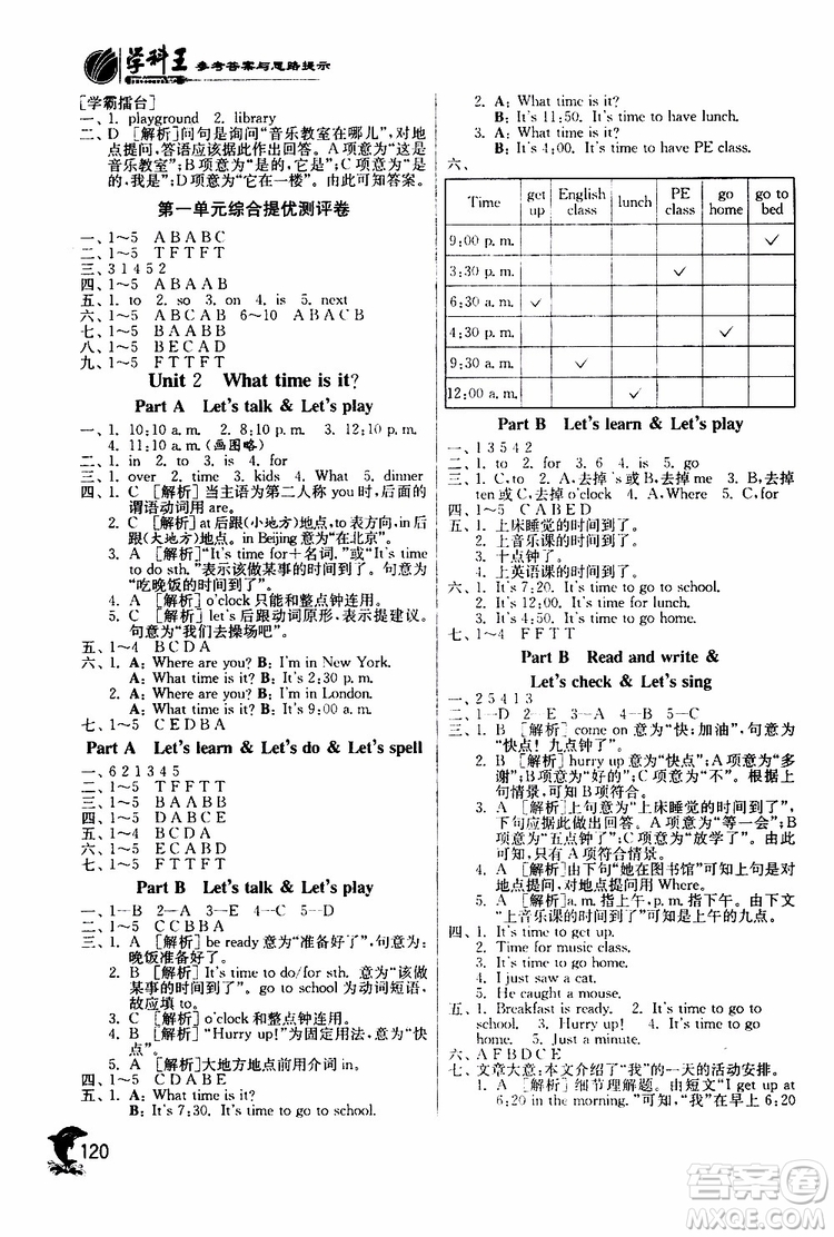 春雨教育2019春實驗班提優(yōu)訓(xùn)練英語四年級下冊RMPEP人教版參考答案