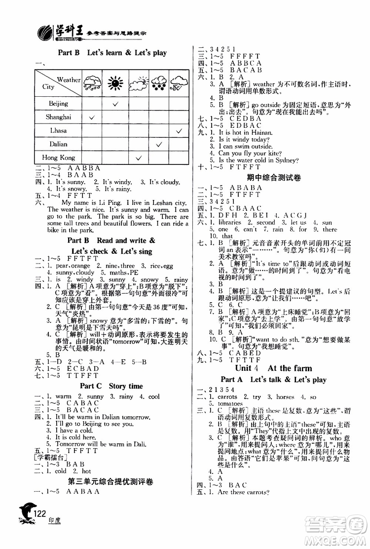 春雨教育2019春實驗班提優(yōu)訓(xùn)練英語四年級下冊RMPEP人教版參考答案