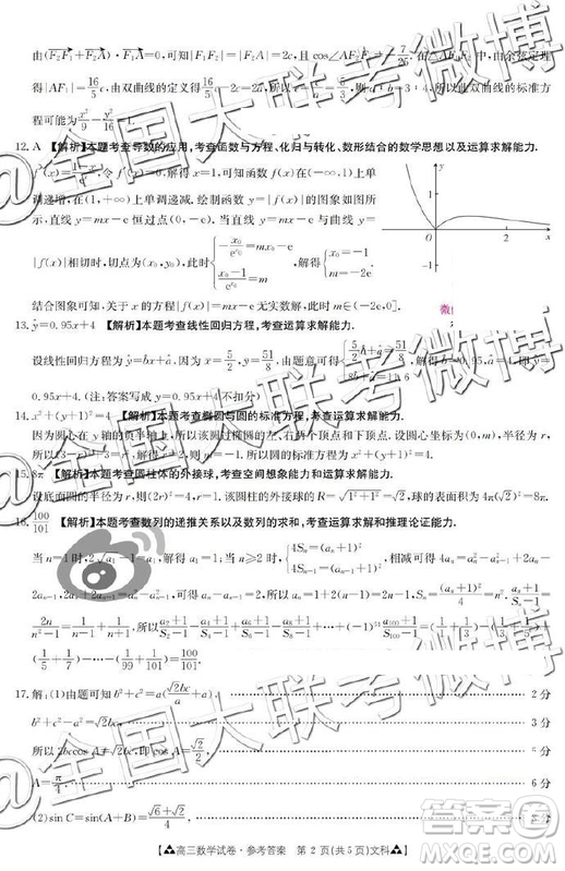 2019年5月金太陽聯(lián)考文理數(shù)答案