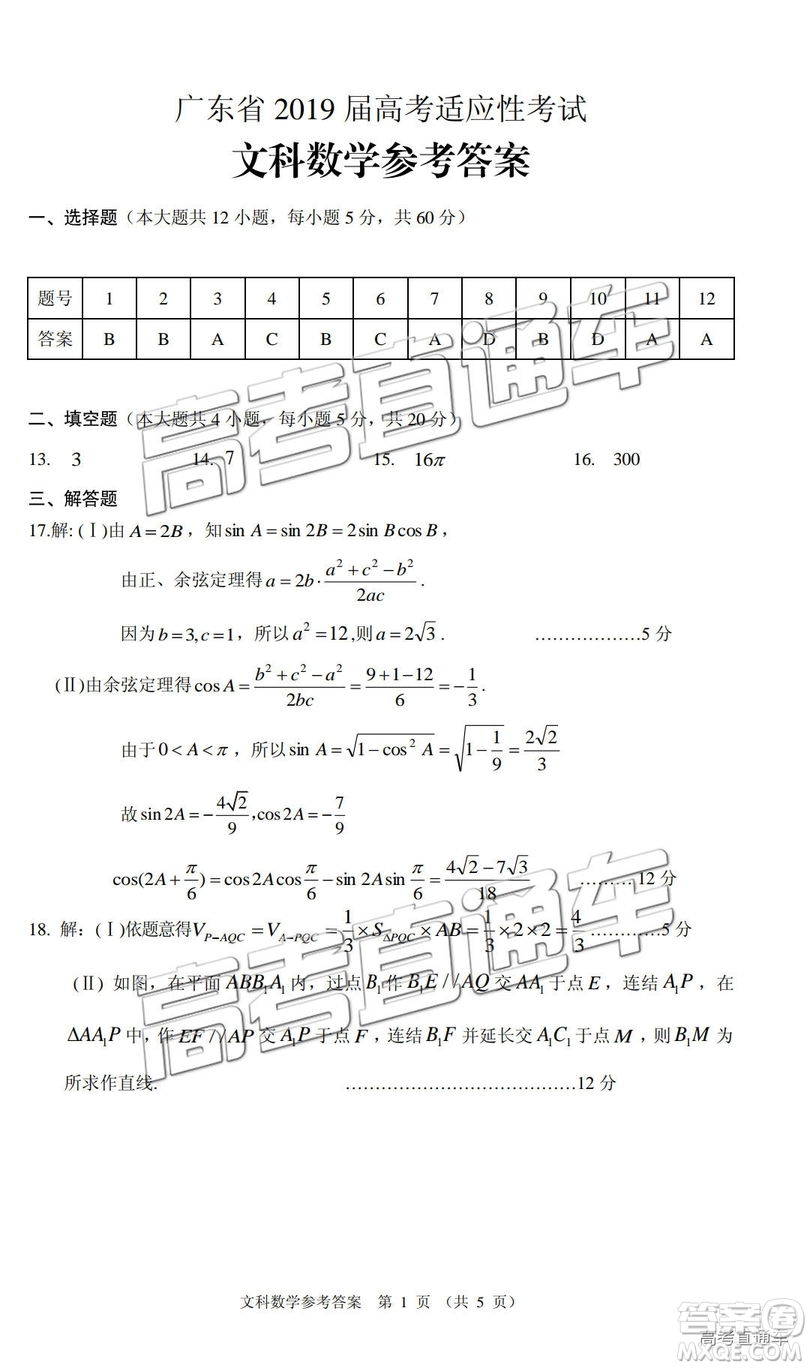 2019年廣東高考適應(yīng)性考試文數(shù)試題及參考答案