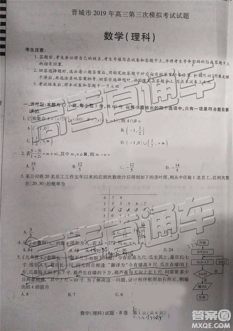 2019年晉城三模理科數(shù)學試題及參考答案