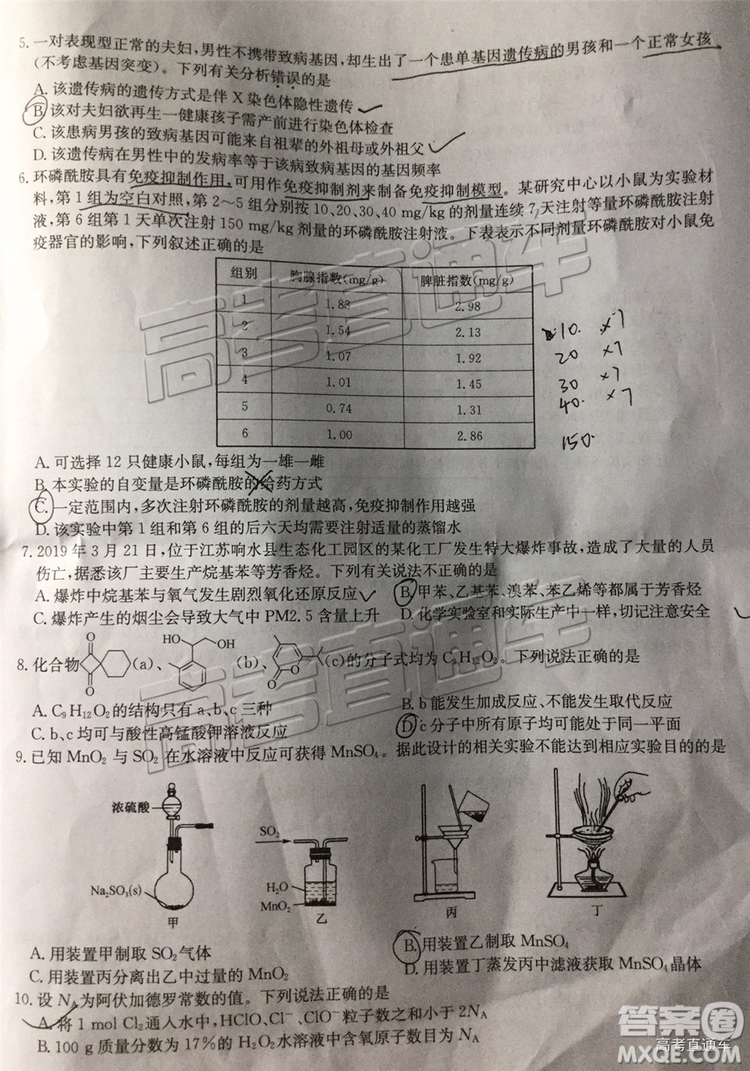 2019九師聯(lián)盟5月質(zhì)檢文理綜試題及參考答案