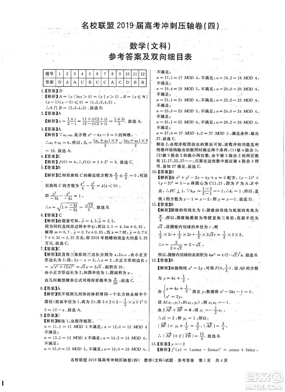 2019年河南名校聯盟高考沖刺壓軸卷四文理數試題答案