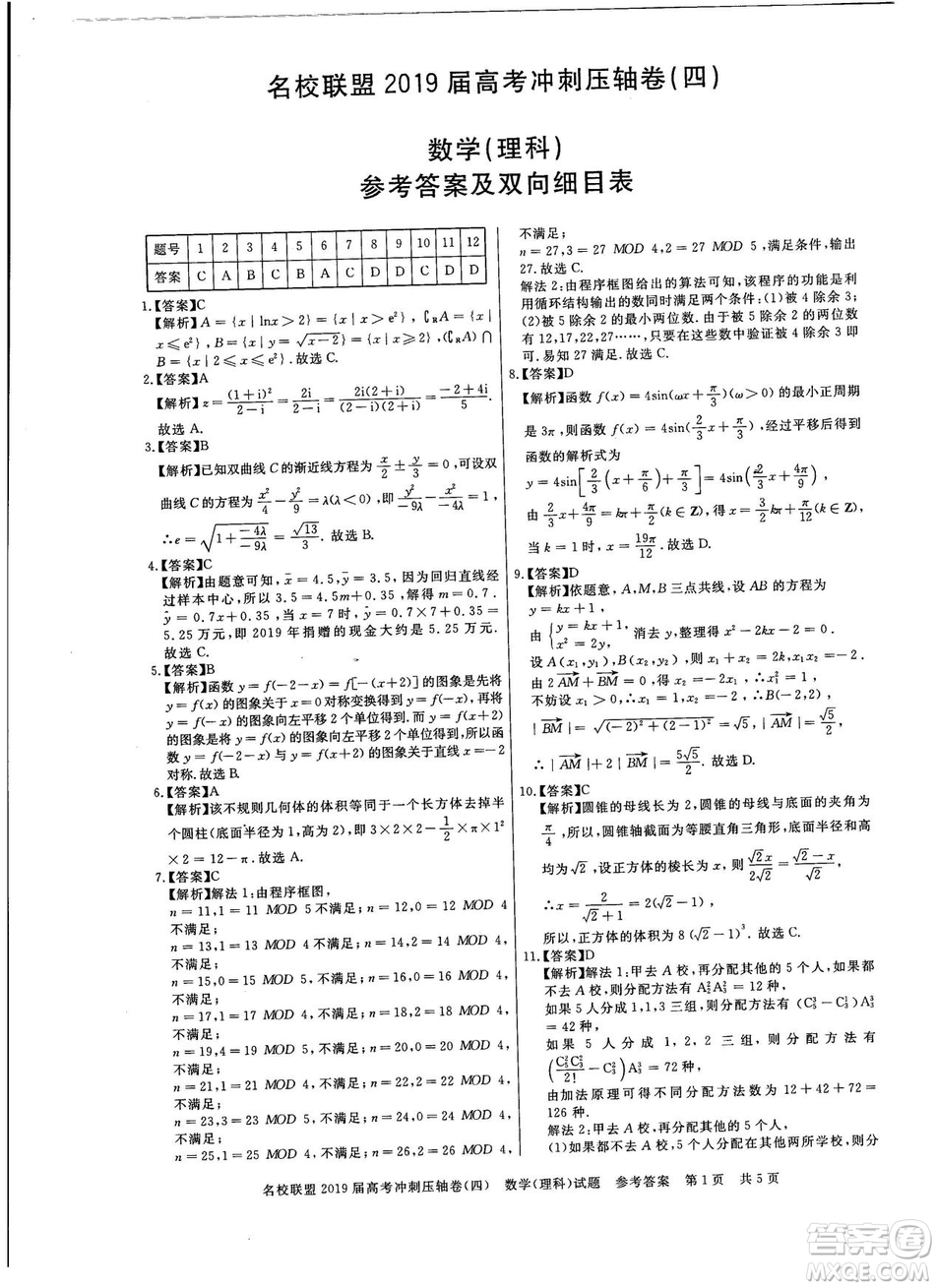 2019年河南名校聯盟高考沖刺壓軸卷四文理數試題答案