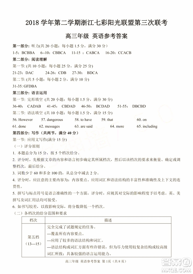 22019年浙江七彩陽(yáng)光聯(lián)盟第三次聯(lián)考英語(yǔ)試題及參考答案