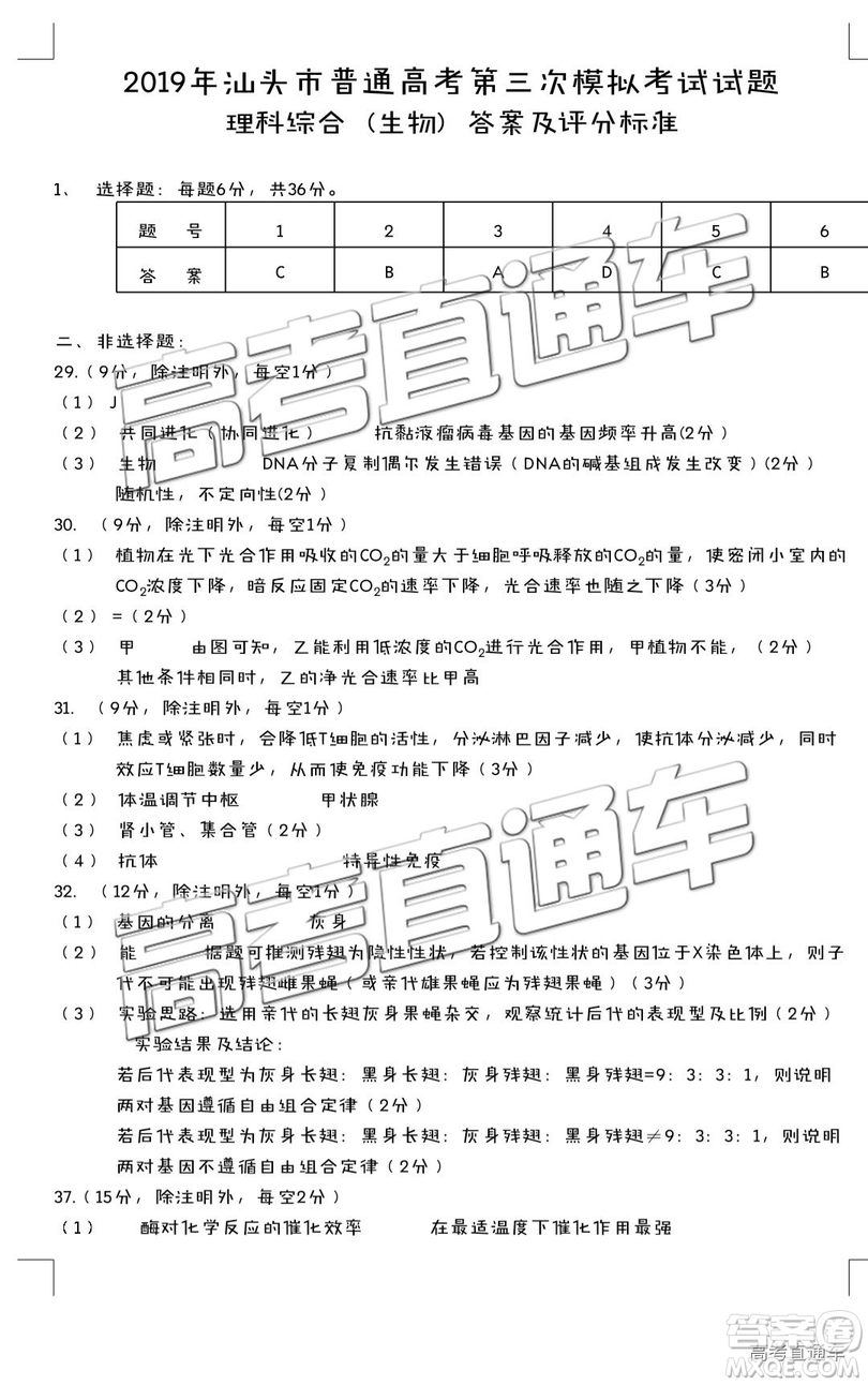 2019年汕頭三模文理綜參考答案