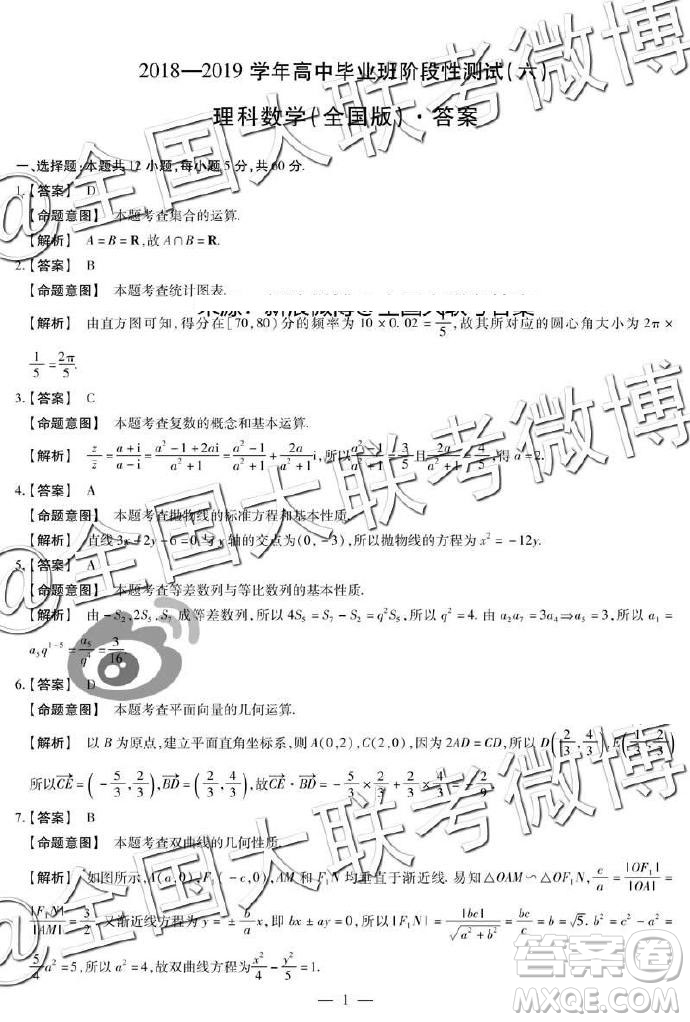 2019年天一大聯(lián)考六全國版Q版文理數(shù)參考答案